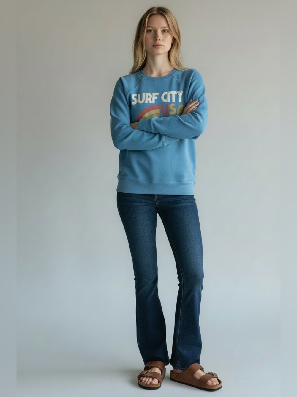 Original Retro Brand Light Blue 'Surf City USA 79' Graphic Crewneck Sweatshirt
